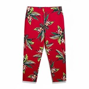 NWT Briggs Red Tropical Floral Cropped Pants Size 12 Petite Stretch Capri